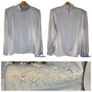 80s Ice Blue High Neck Blouse with Shoulder Pearl Detail, Silver Blue Dynasty